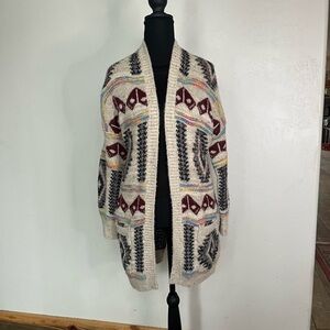 Women's Multicolor Aztec Patterned Sweater Metallic Open Front Duster
